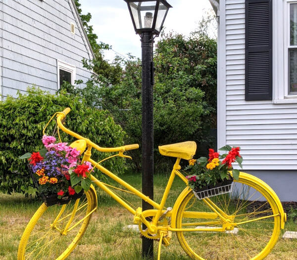 Yellow bike with flower basket leaning on a pole